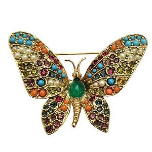 D’Orlan Butterfly Brooch Faux Pearl Colorful Cabochon Pin Signed, C705